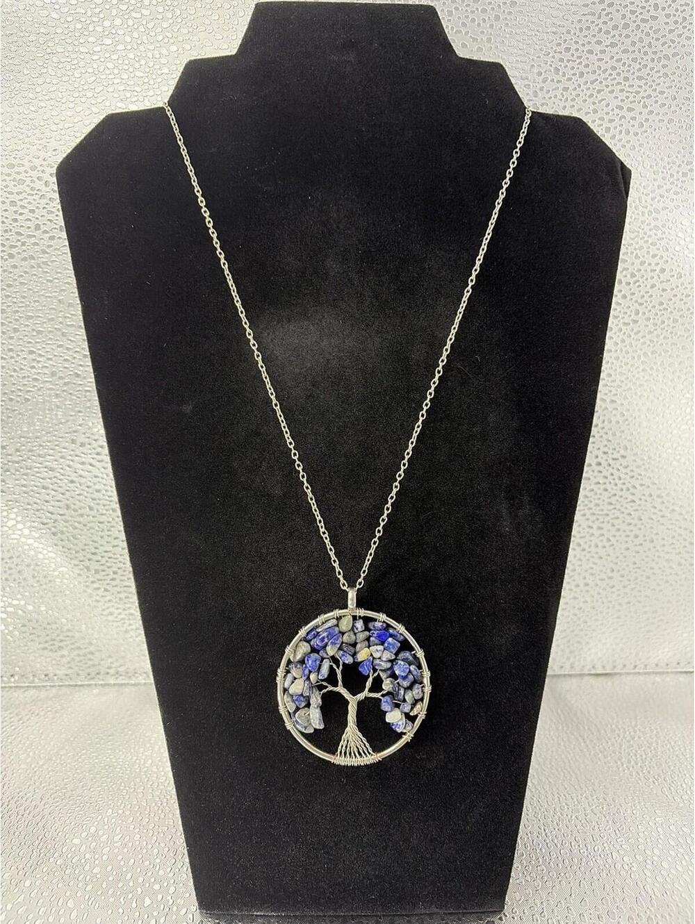 Lapis Lazuli Tree of Life Necklace Jewelry Boho Blue White Silver Plated
